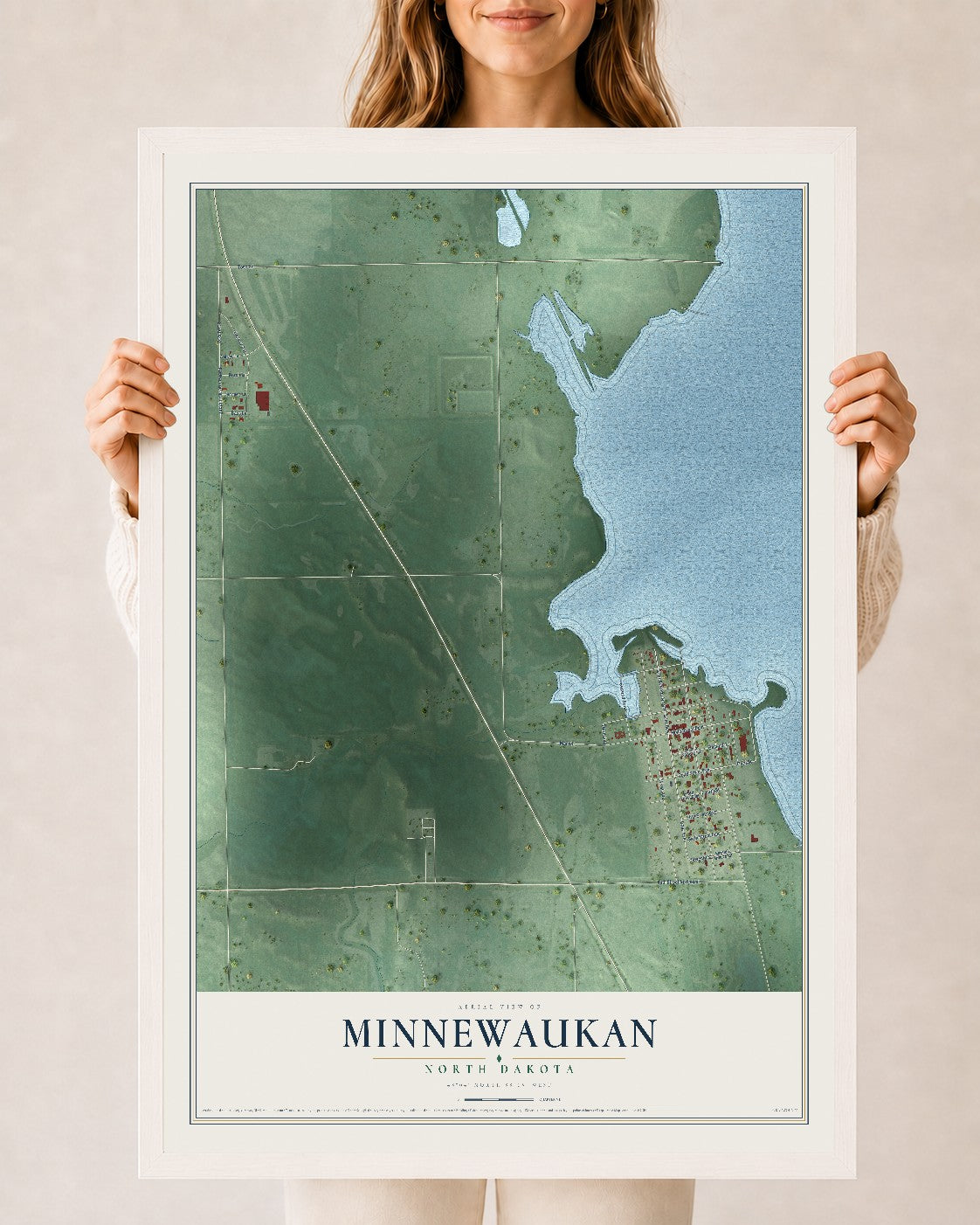 Map of Minnewaukan, North Dakota, 24 x 36 inch print in a white wood frame