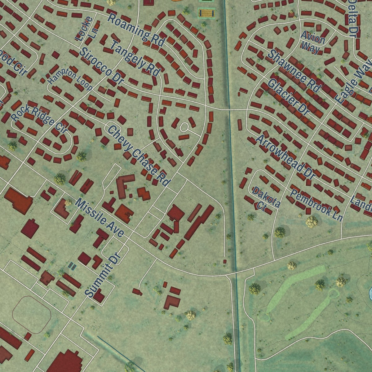Close-up of the map of Minot AFB, North Dakota print showing street and building detail