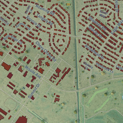 Close-up of the map of Minot AFB, North Dakota print showing street and building detail