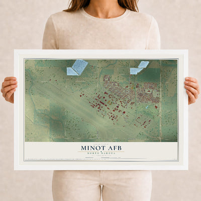Map of Minot AFB, North Dakota, 12 x 18 inch print in a white wood frame
