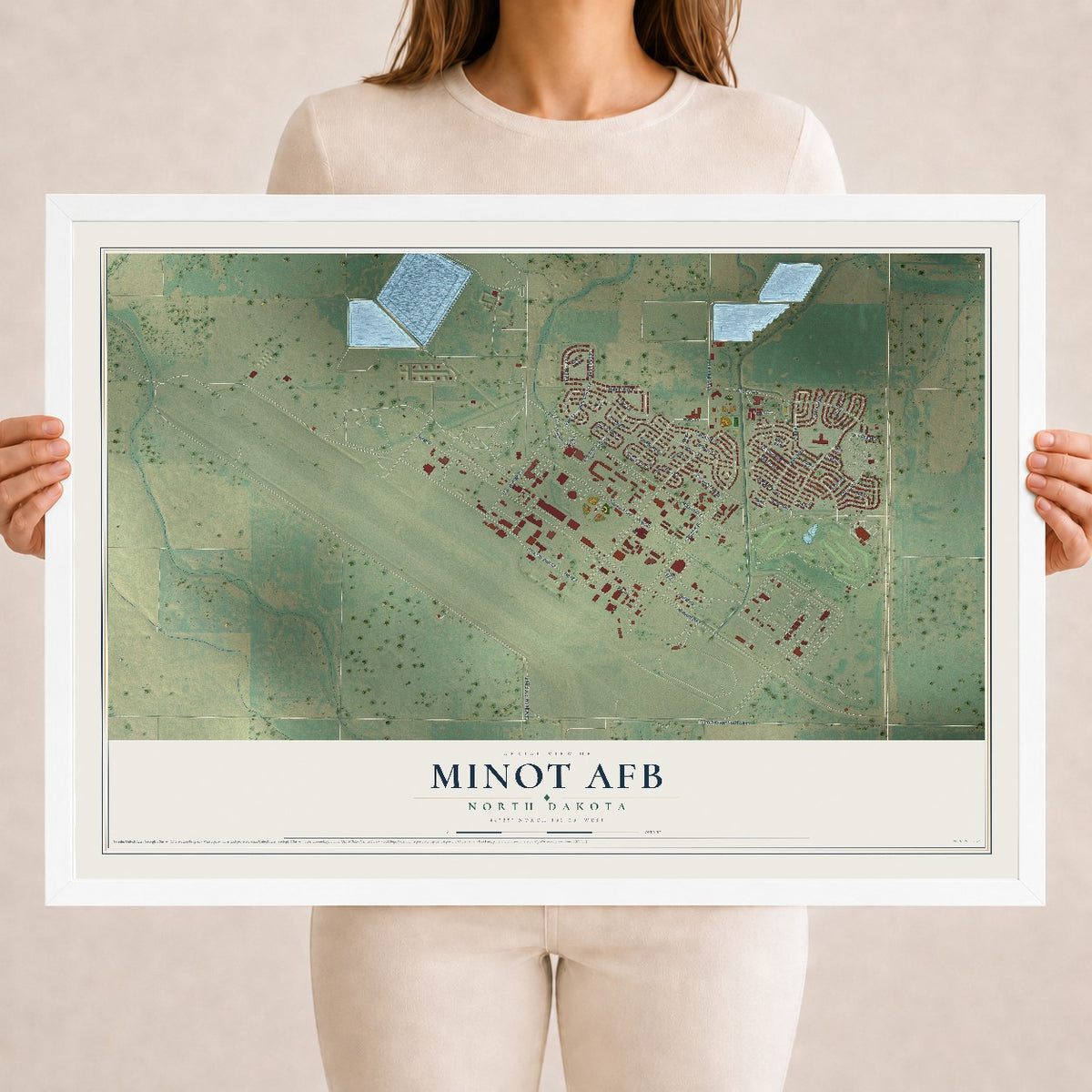 Map of Minot AFB, North Dakota, 18 x 24 inch print in a white wood frame