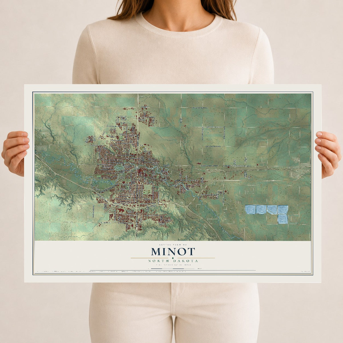 Map of Minot, North Dakota, 12 x 18 inch unframed archival matte print