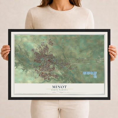 Map of Minot, North Dakota, 12 x 18 inch print in a black wood frame