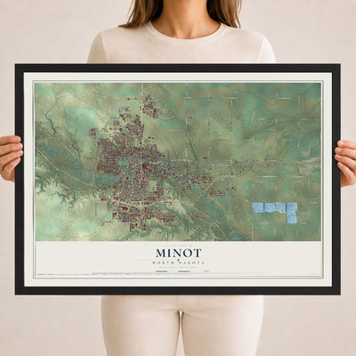 Map of Minot, North Dakota, 18 x 24 inch print in a black wood frame