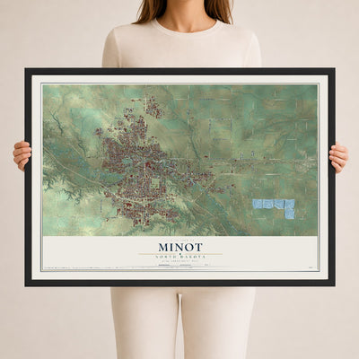 Map of Minot, North Dakota, 24 x 36 inch print in a black wood frame