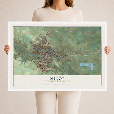 Map of Minot, North Dakota, 24 x 36 inch print in a white wood frame