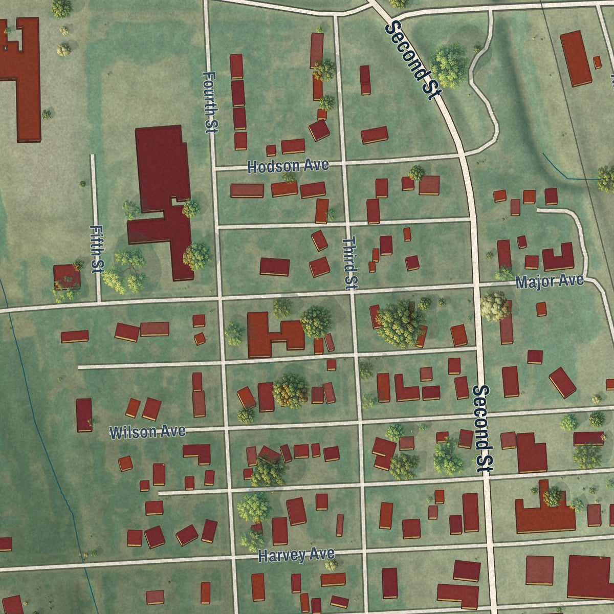 Close-up of the map of Minto, North Dakota print showing street and building detail