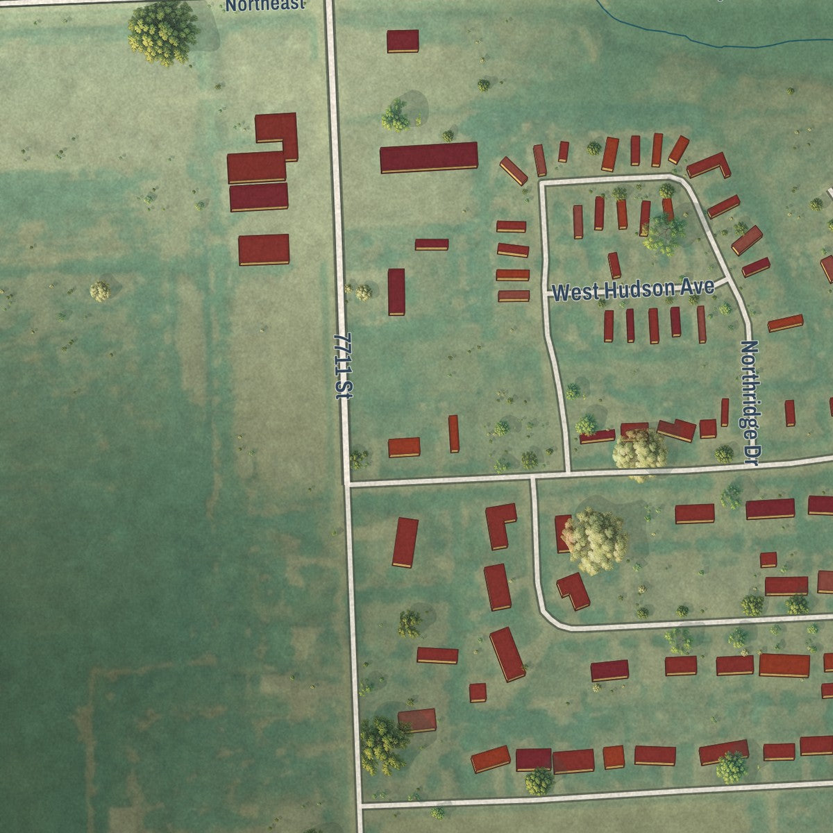 Second close-up of the map of Minto, North Dakota print showing more streets and buildings