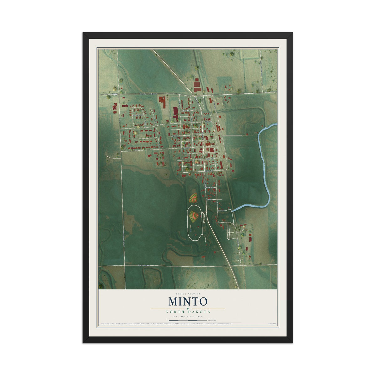 Map of Minto, North Dakota, 12 x 18 inch print in a black wood frame