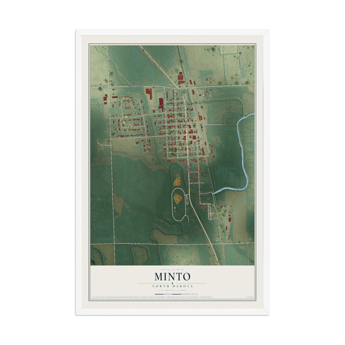Map of Minto, North Dakota, 12 x 18 inch print in a white wood frame