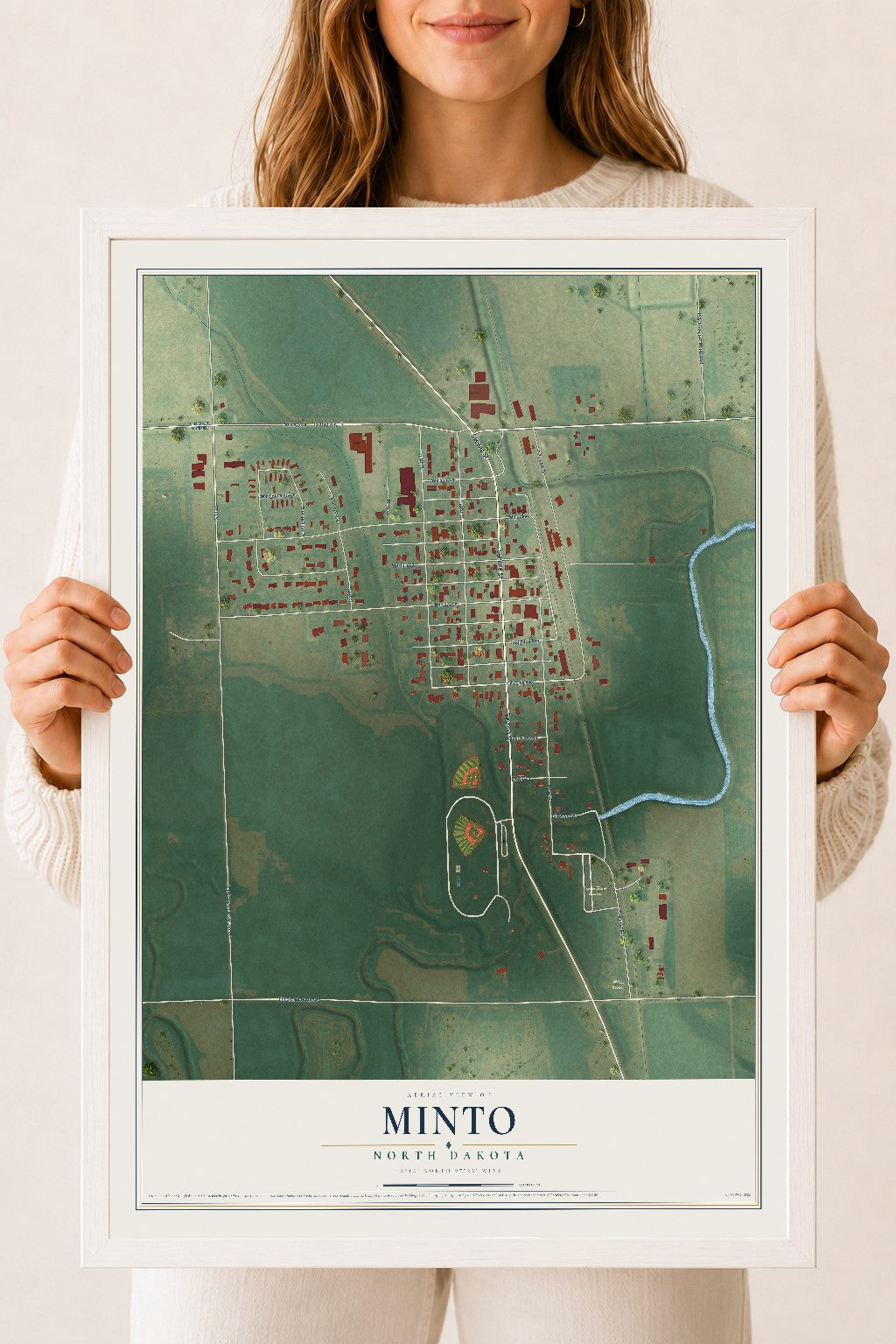 Map of Minto, North Dakota, 18 x 24 inch print in a white wood frame