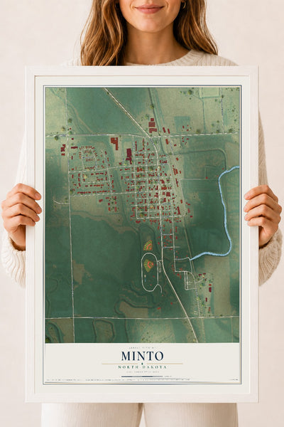 Map of Minto, North Dakota, 18 x 24 inch print in a white wood frame
