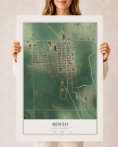 Map of Minto, North Dakota, 24 x 36 inch print in a white wood frame
