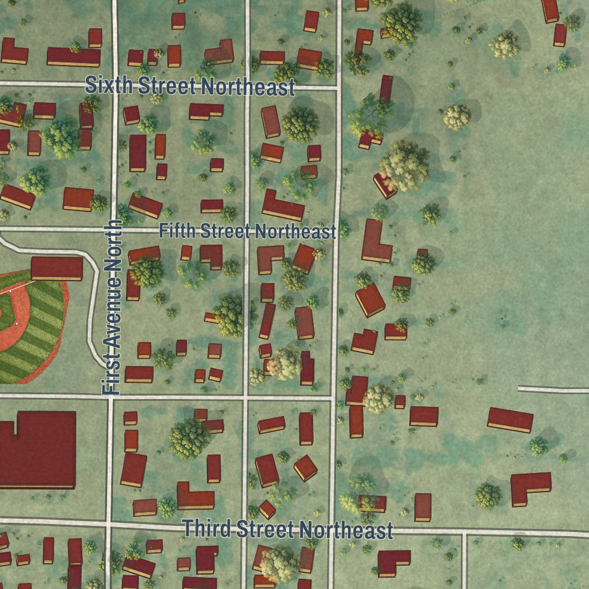 Second close-up of the map of Mohall, North Dakota print showing more streets and buildings