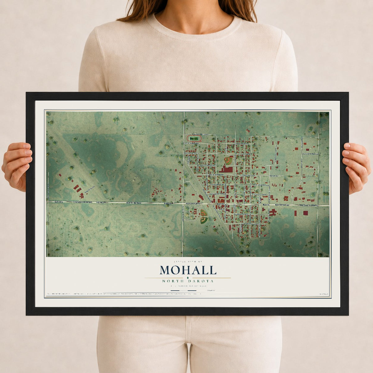 Map of Mohall, North Dakota, 12 x 18 inch print in a black wood frame