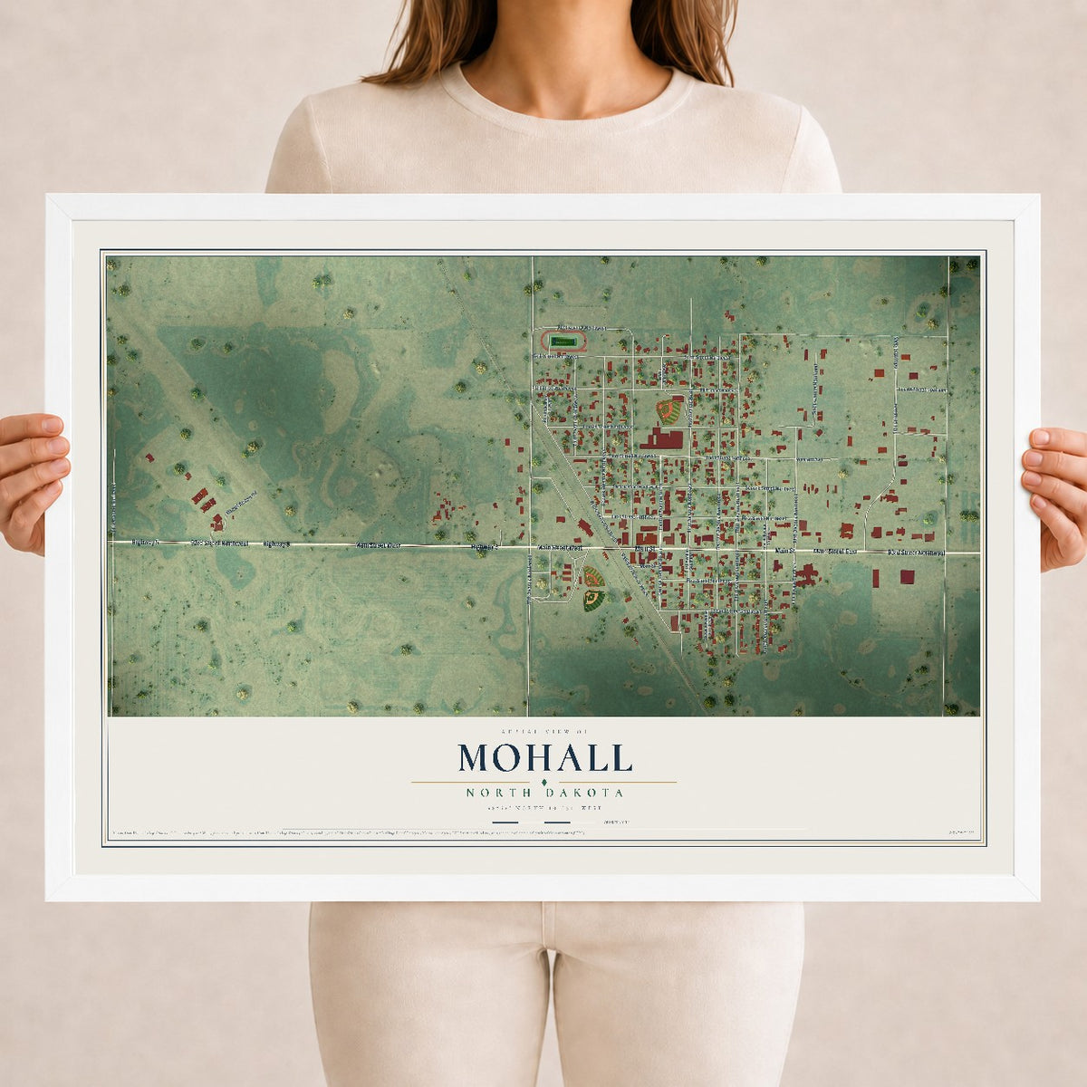 Map of Mohall, North Dakota, 18 x 24 inch print in a white wood frame