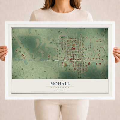 Map of Mohall, North Dakota, 18 x 24 inch print in a white wood frame