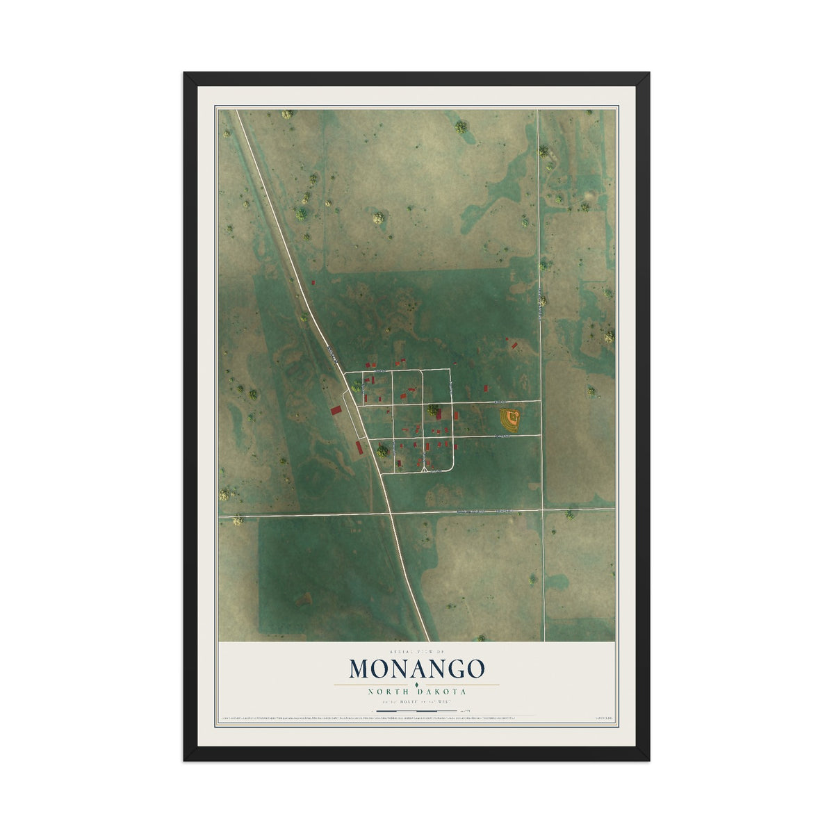 Map of Monango, North Dakota, 12 x 18 inch print in a black wood frame