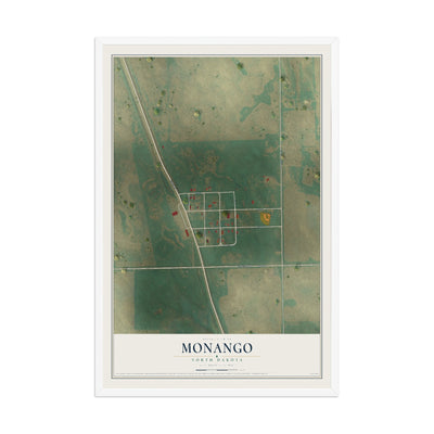 Map of Monango, North Dakota, 12 x 18 inch print in a white wood frame