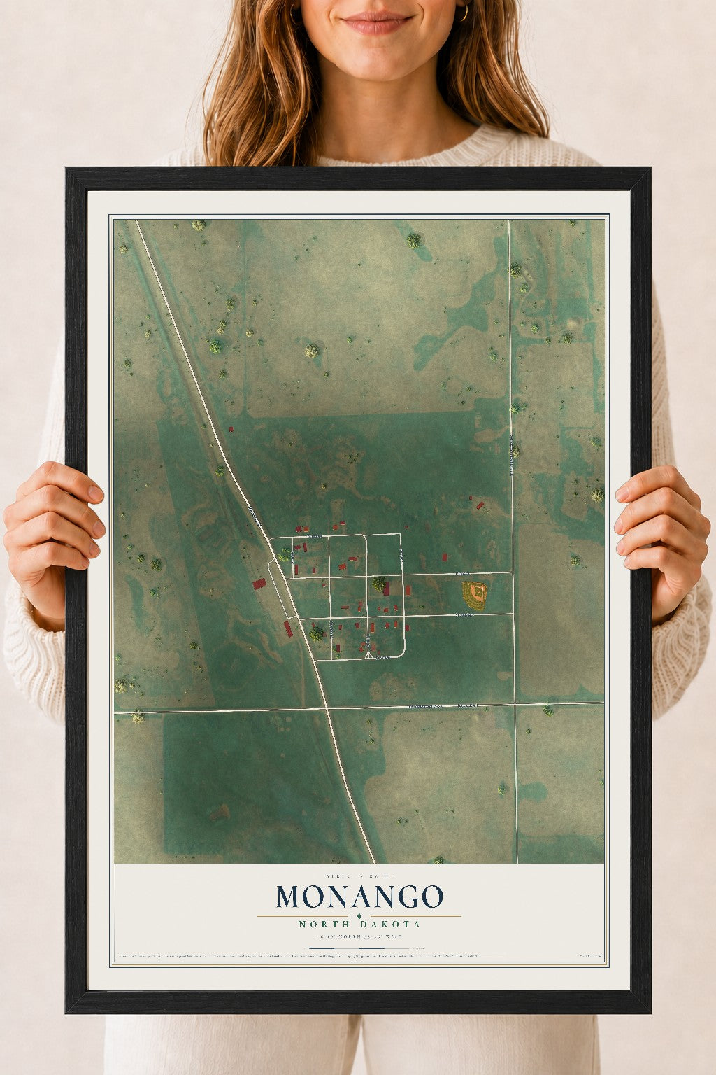 Map of Monango, North Dakota, 18 x 24 inch print in a black wood frame