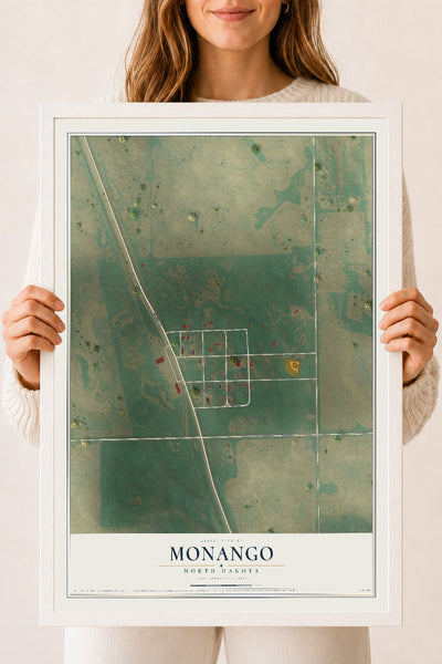 Map of Monango, North Dakota, 18 x 24 inch print in a white wood frame