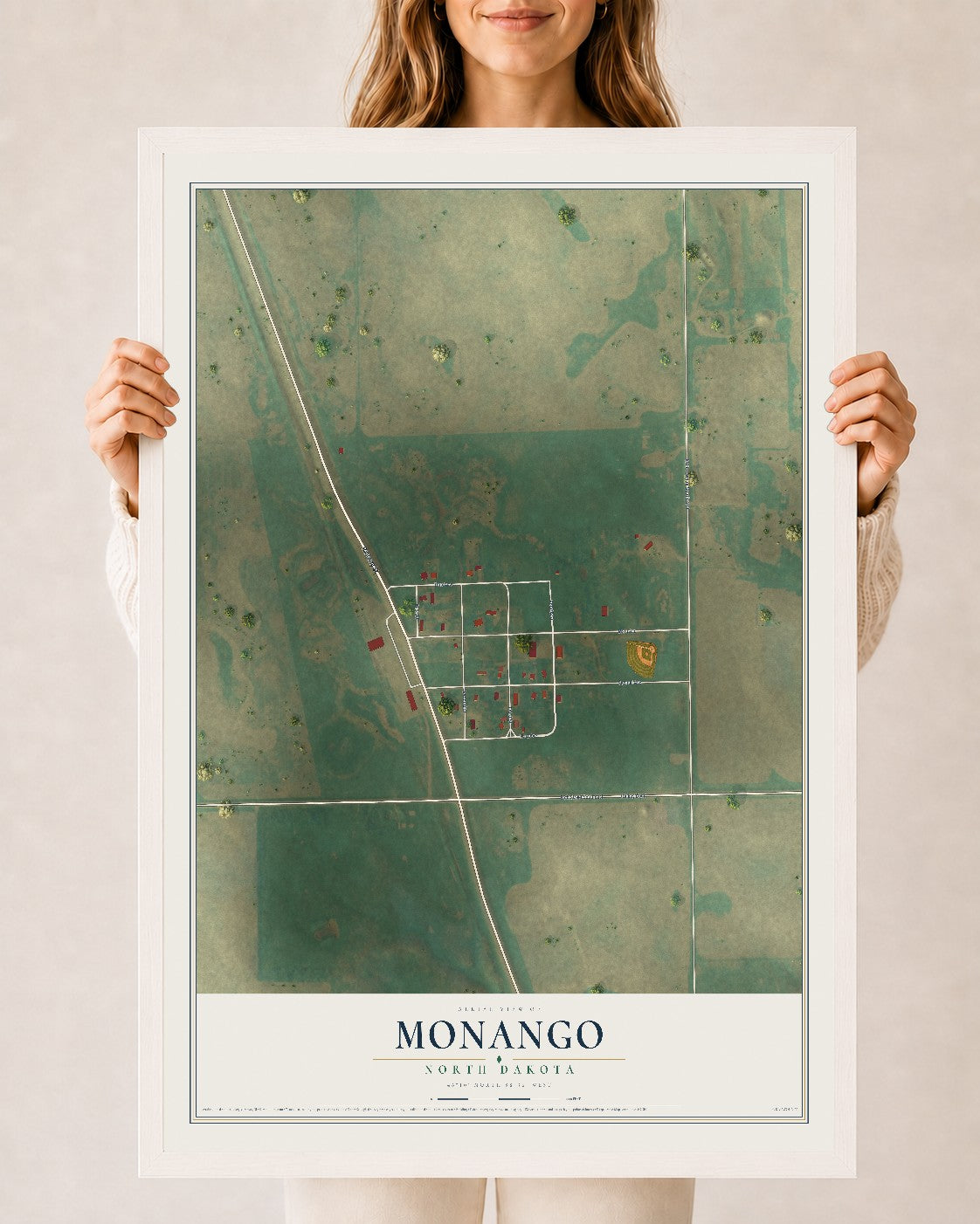 Map of Monango, North Dakota, 24 x 36 inch print in a white wood frame