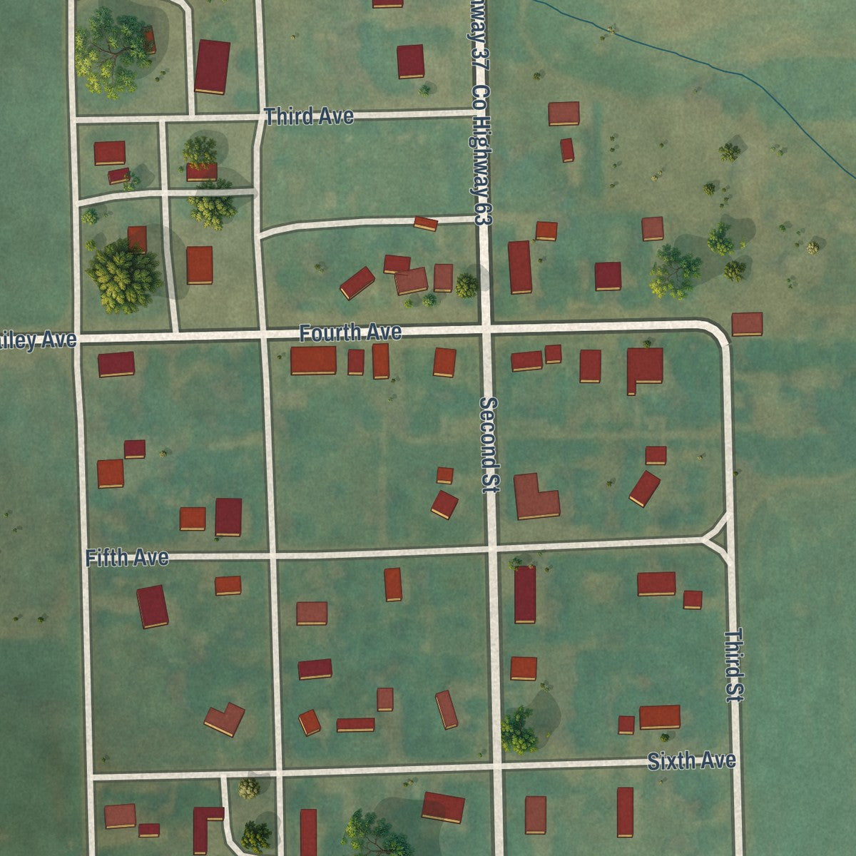 Close-up of the map of Montpelier, North Dakota print showing street and building detail