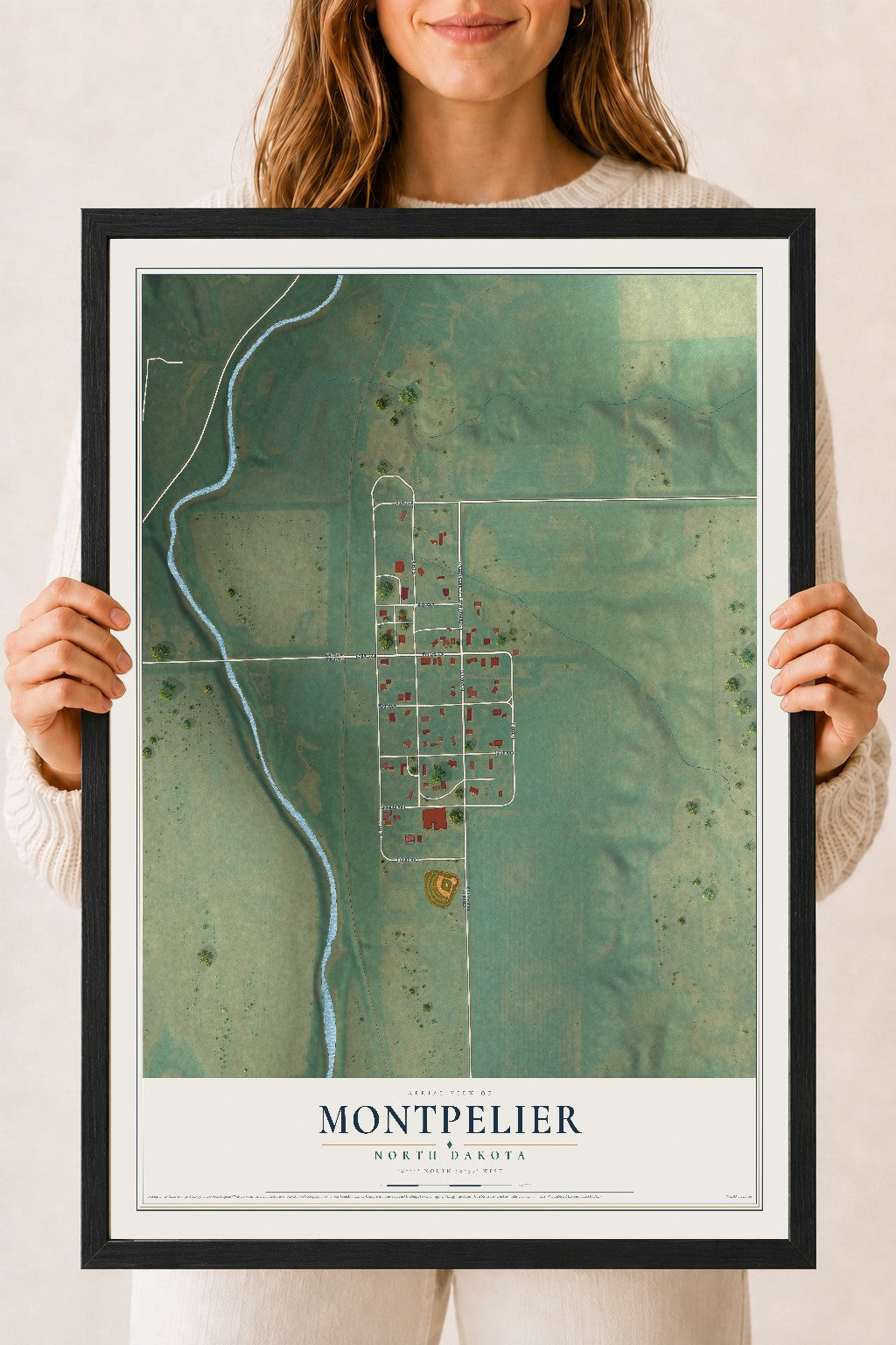 Map of Montpelier, North Dakota, 18 x 24 inch print in a black wood frame