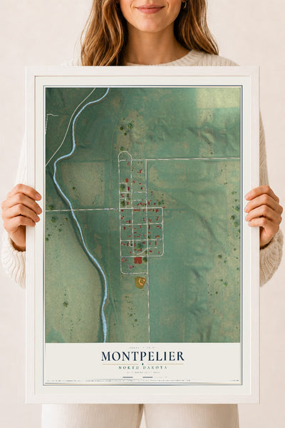 Map of Montpelier, North Dakota, 18 x 24 inch print in a white wood frame
