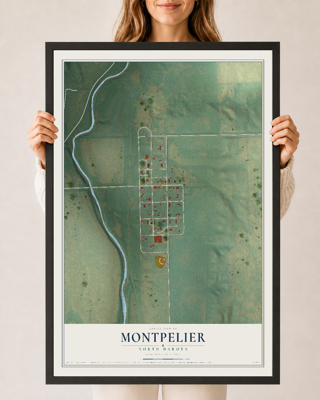 Map of Montpelier, North Dakota, 24 x 36 inch print in a black wood frame