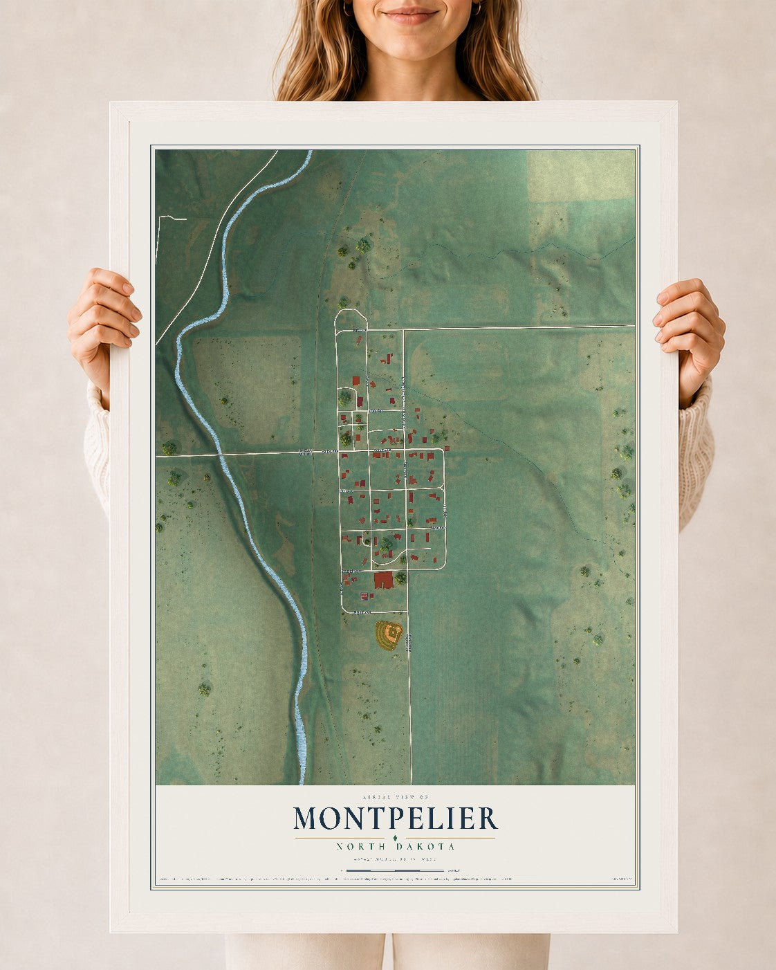 Map of Montpelier, North Dakota, 24 x 36 inch print in a white wood frame