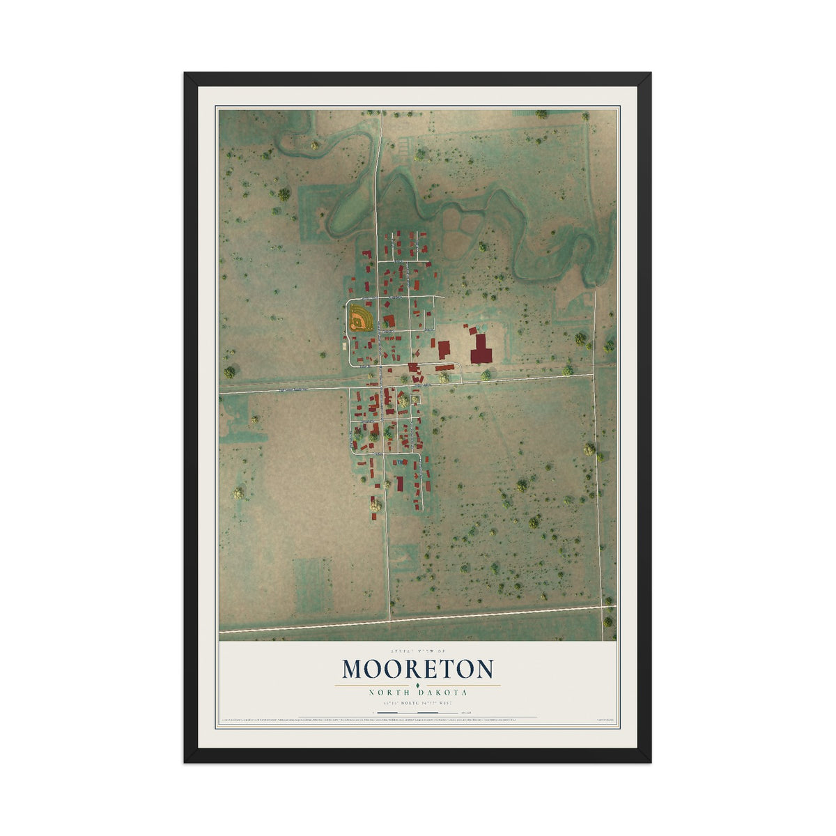 Map of Mooreton, North Dakota, 12 x 18 inch print in a black wood frame