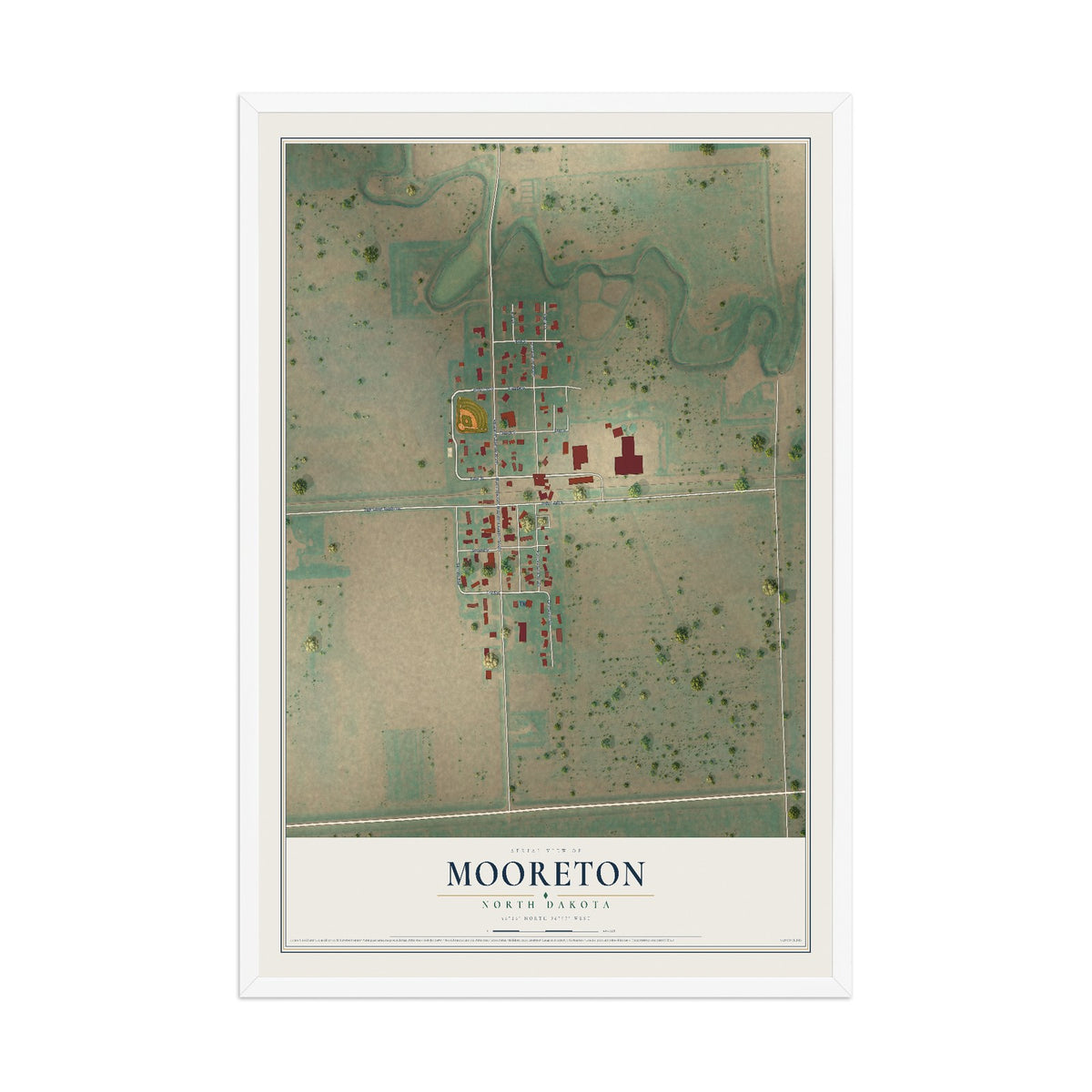 Map of Mooreton, North Dakota, 12 x 18 inch print in a white wood frame