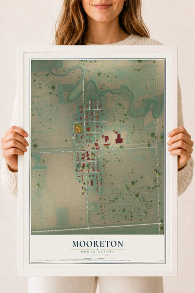 Map of Mooreton, North Dakota, 18 x 24 inch print in a white wood frame
