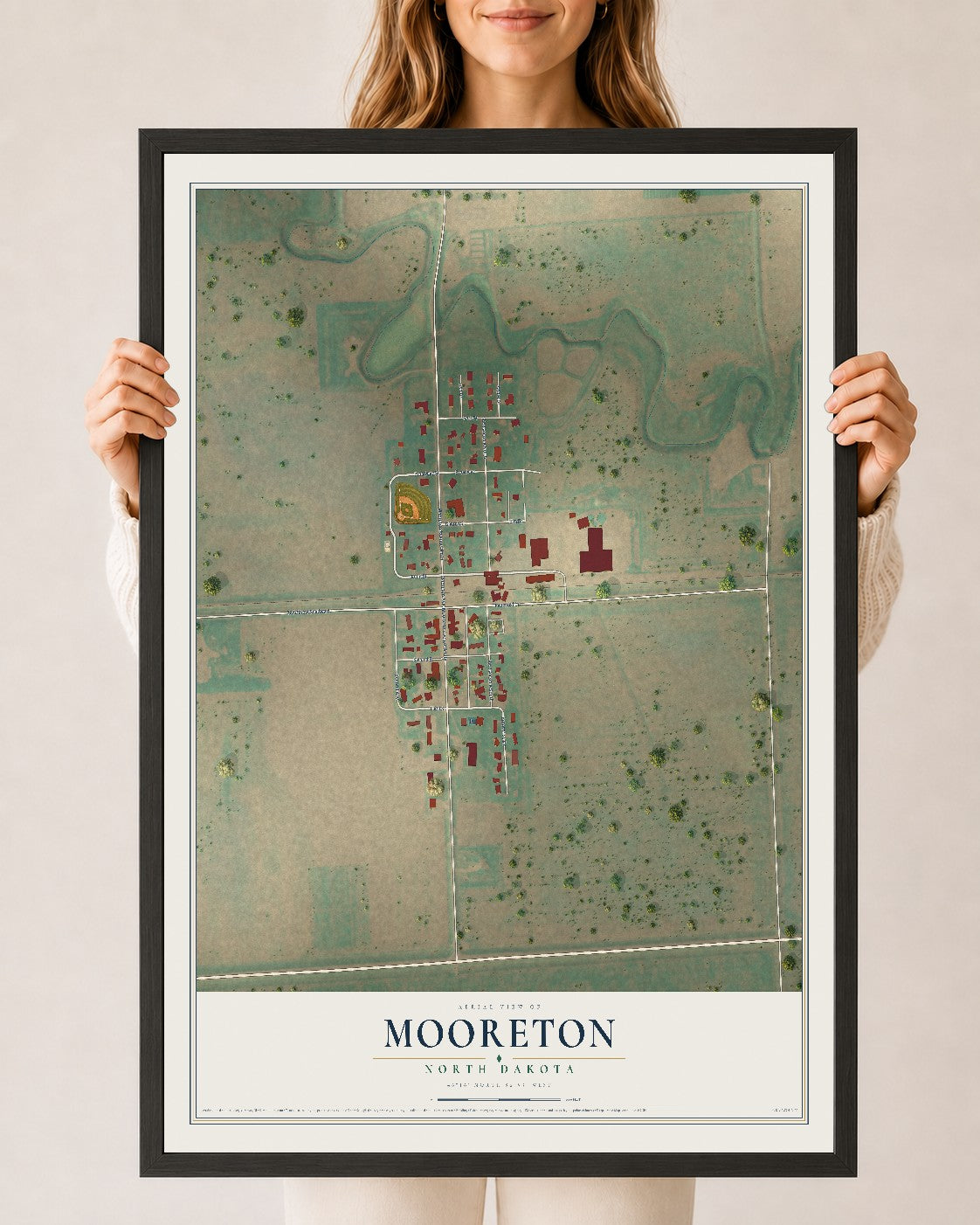 Map of Mooreton, North Dakota, 24 x 36 inch print in a black wood frame