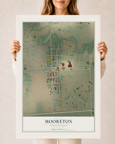 Map of Mooreton, North Dakota, 24 x 36 inch print in a white wood frame
