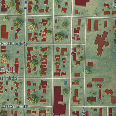 Close-up of the map of Mott, North Dakota print showing street and building detail