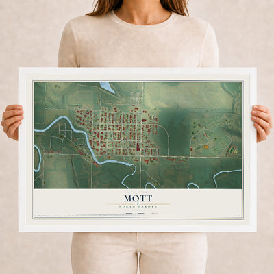 Map of Mott, North Dakota, 12 x 18 inch print in a white wood frame