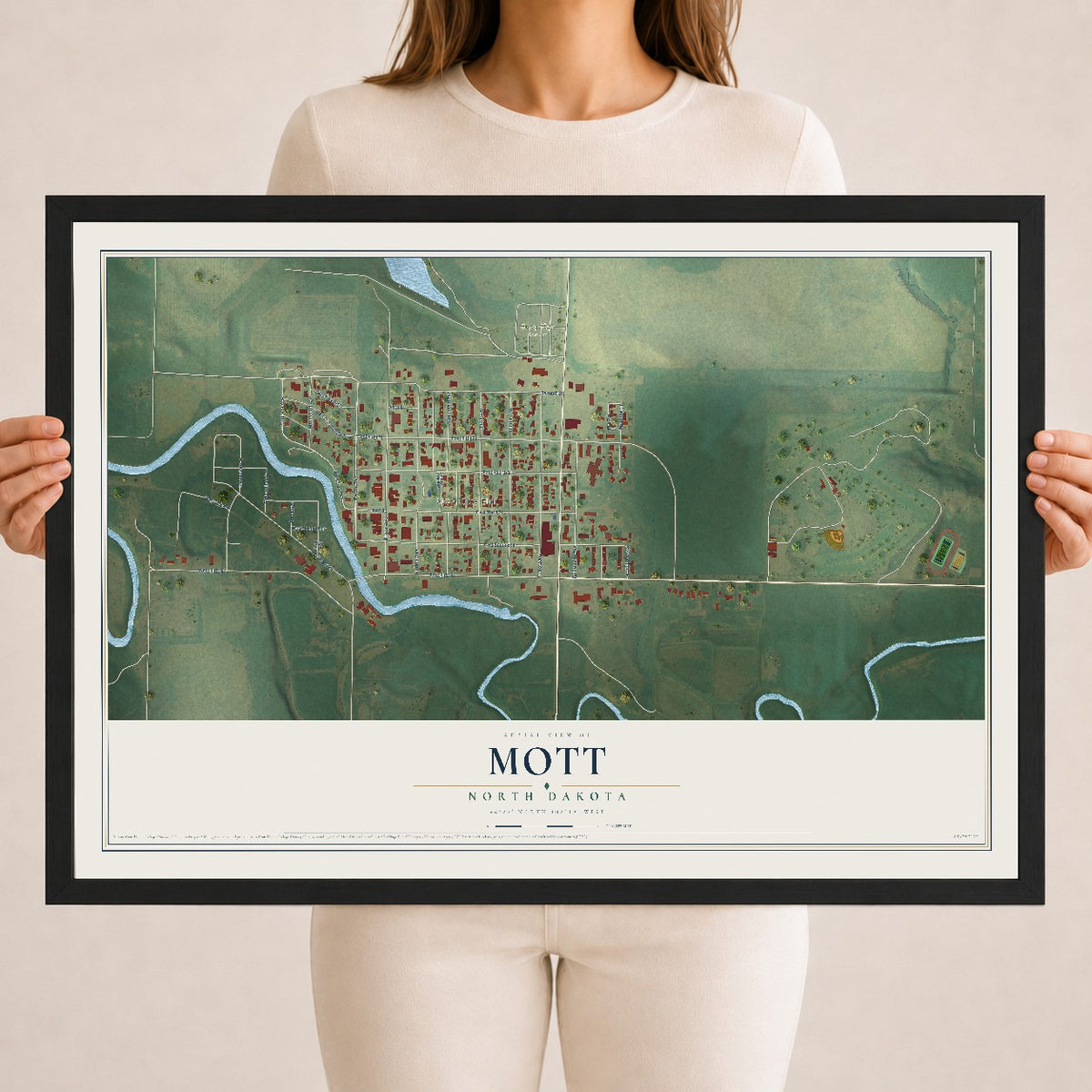 Map of Mott, North Dakota, 18 x 24 inch print in a black wood frame