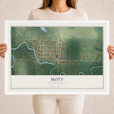 Map of Mott, North Dakota, 18 x 24 inch print in a white wood frame