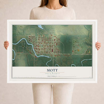 Map of Mott, North Dakota, 24 x 36 inch print in a white wood frame