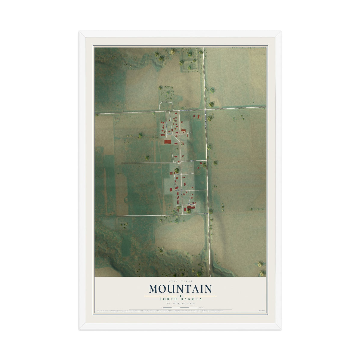 Map of Mountain, North Dakota, 12 x 18 inch print in a white wood frame