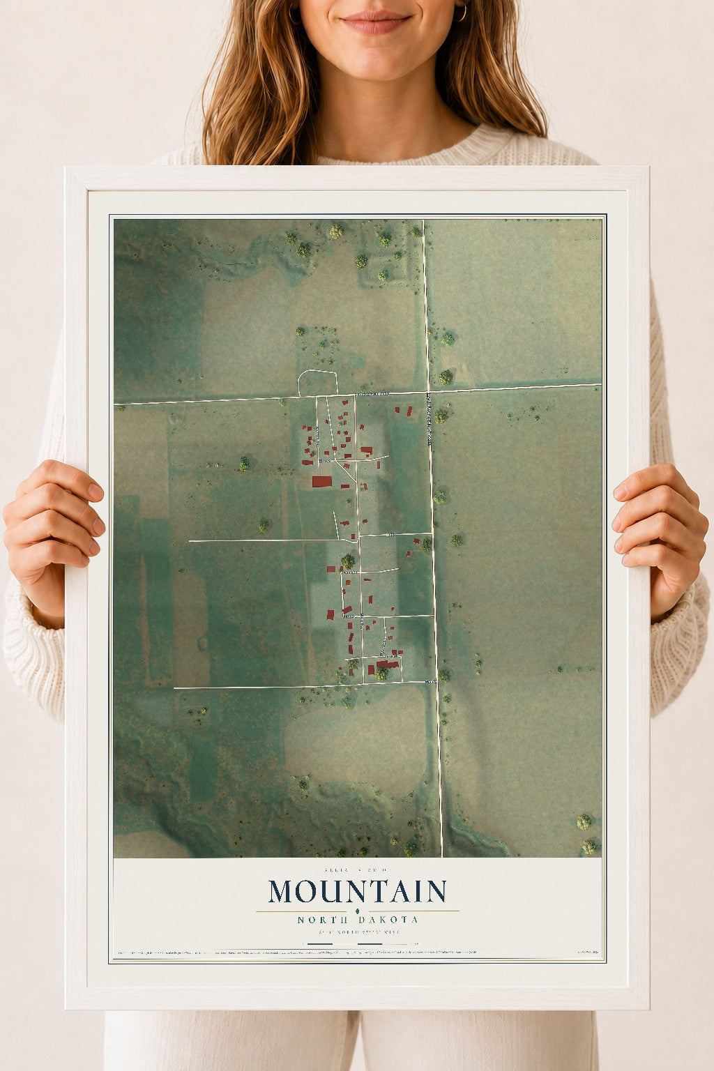 Map of Mountain, North Dakota, 18 x 24 inch print in a white wood frame