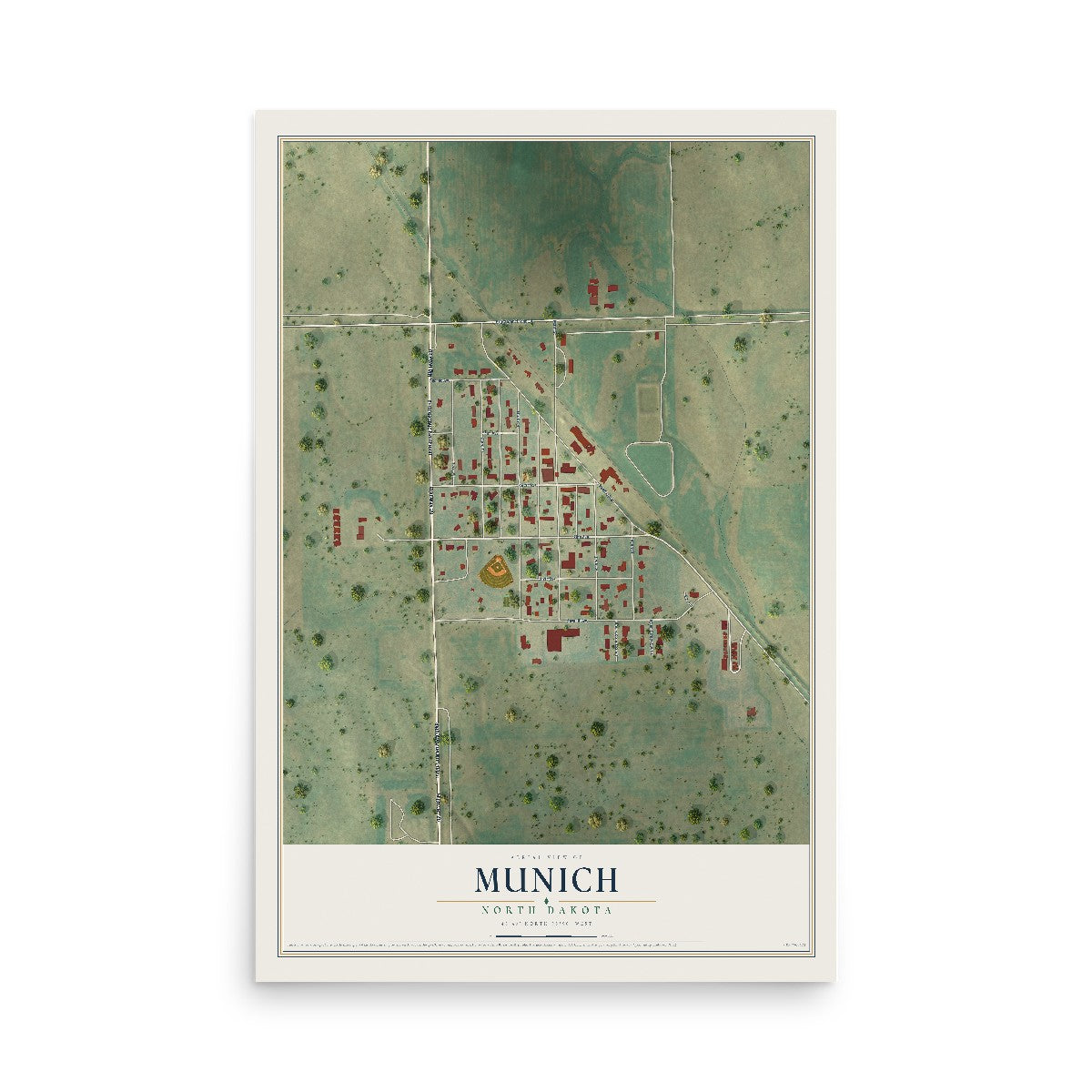 Map of Munich, North Dakota, 12 x 18 inch unframed archival matte print