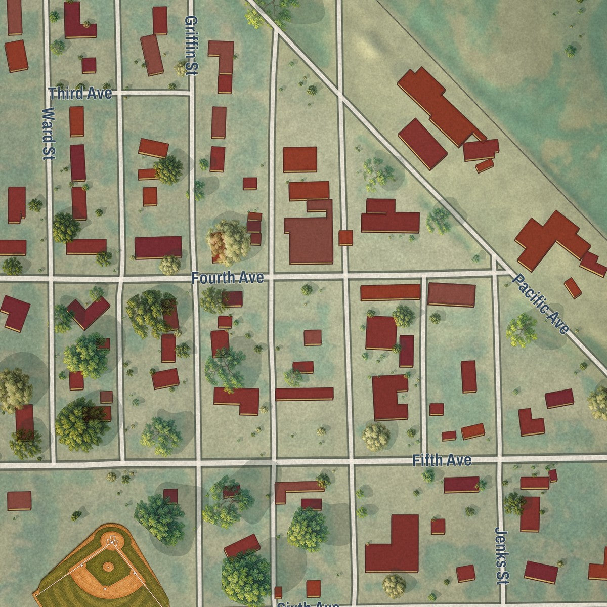 Close-up of the map of Munich, North Dakota print showing street and building detail