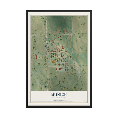 Map of Munich, North Dakota, 12 x 18 inch print in a black wood frame