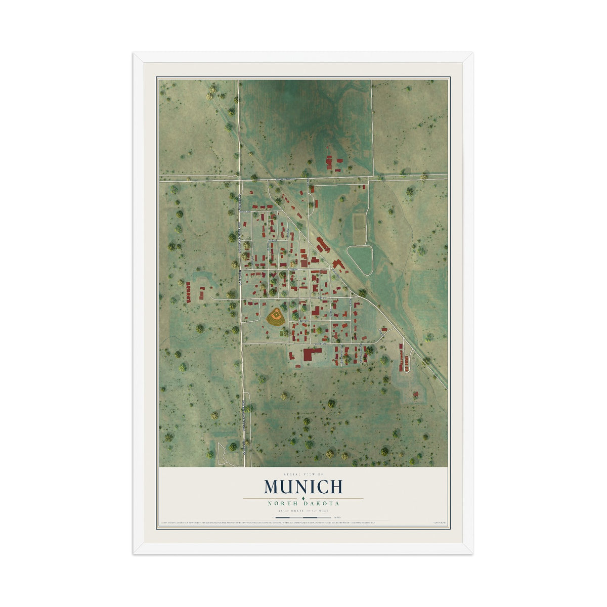 Map of Munich, North Dakota, 12 x 18 inch print in a white wood frame