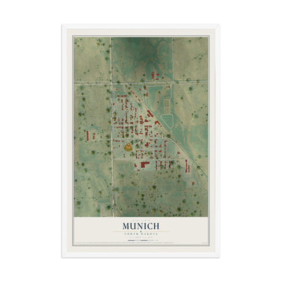 Map of Munich, North Dakota, 12 x 18 inch print in a white wood frame