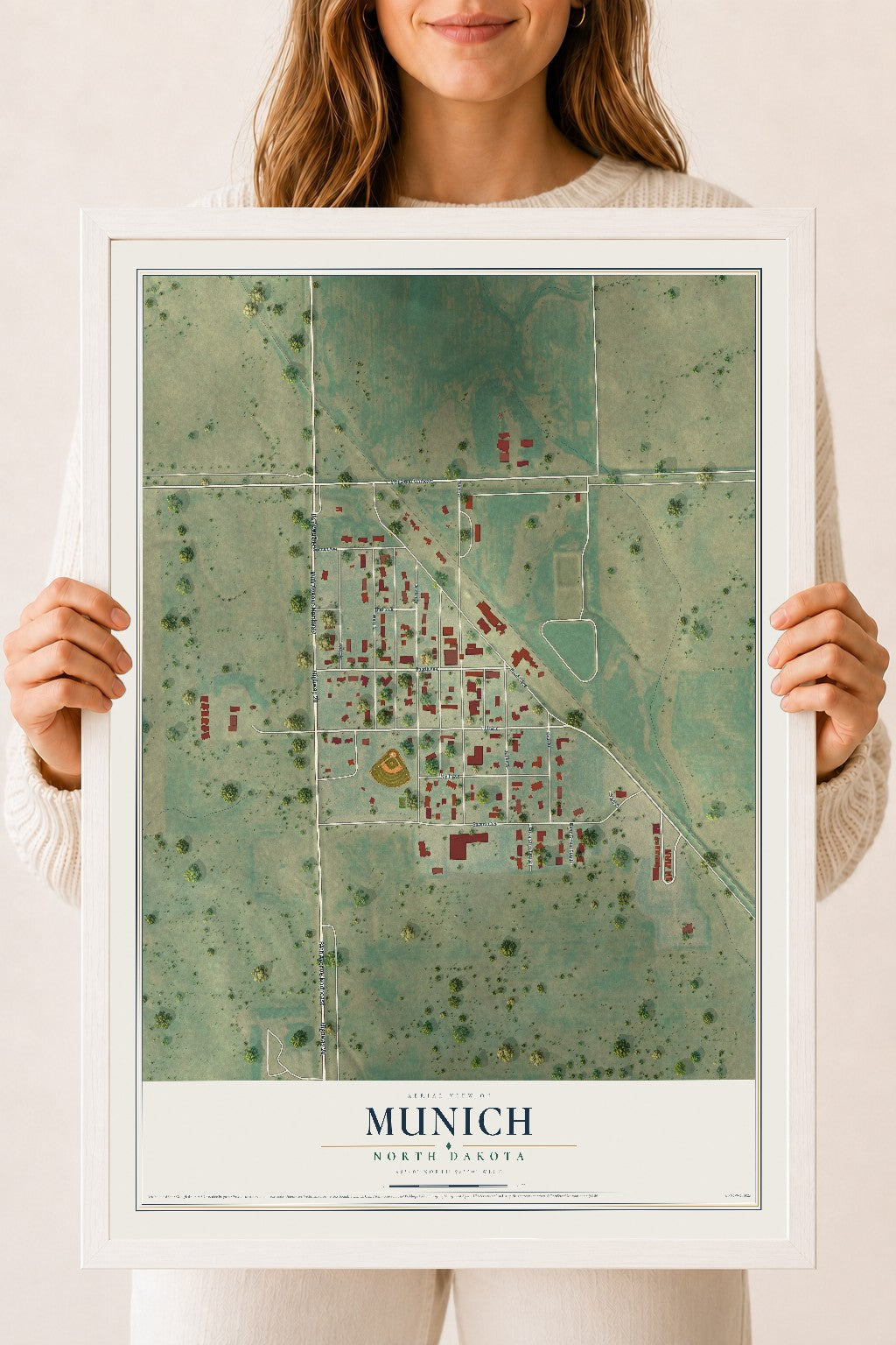 Map of Munich, North Dakota, 18 x 24 inch print in a white wood frame