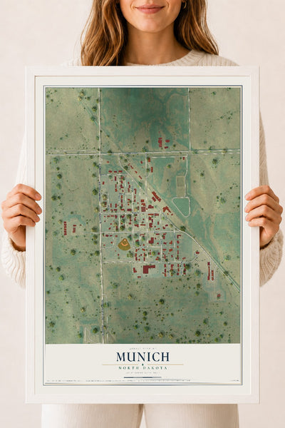 Map of Munich, North Dakota, 18 x 24 inch print in a white wood frame